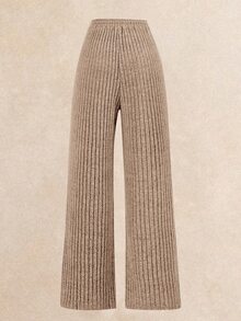 Poéselle 2pcs Rib Bodysuit & Pants Set, Comfy Loungewear Workout Tracksuit, Casual Style, Long Sleeve And Wide Leg Autumn Winter Basic Essential, Baggy Clothes - Camel - View 6