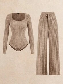 Poéselle 2pcs Rib Bodysuit & Pants Set, Comfy Loungewear Workout Tracksuit, Casual Style, Long Sleeve And Wide Leg Autumn Winter Basic Essential, Baggy Clothes - Camel - View 1