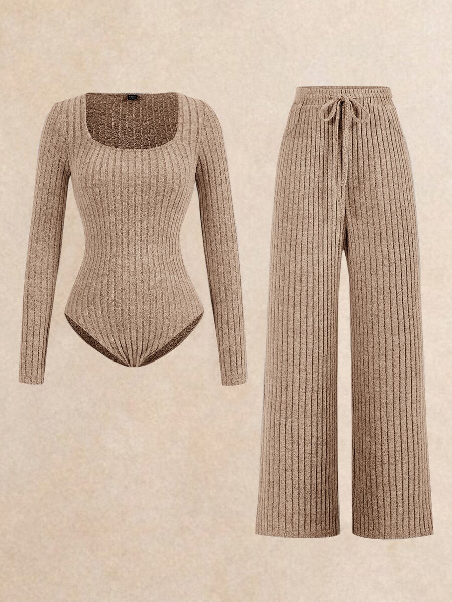 Poéselle 2pcs Rib Bodysuit & Pants Set, Comfy Loungewear Workout Tracksuit, Casual Style, Long Sleeve And Wide Leg Autumn Winter Basic Essential, Baggy Clothes - Camel - View 1
