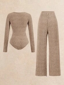 Poéselle 2pcs Rib Bodysuit & Pants Set, Comfy Loungewear Workout Tracksuit, Casual Style, Long Sleeve And Wide Leg Autumn Winter Basic Essential, Baggy Clothes - Camel - View 2