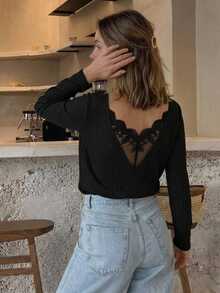 Serisse Lace Spliced Long Sleeve Waffle Fabric T-Shirt Winter Black Casual Spring - Black - View 4