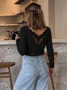 Serisse Lace Spliced Long Sleeve Waffle Fabric T-Shirt Winter Black Casual Spring - Black - View 1