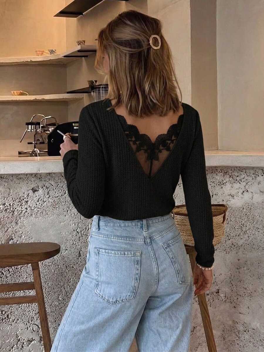 Serisse Lace Spliced Long Sleeve Waffle Fabric T-Shirt Winter Black Casual Spring - Black - View 1