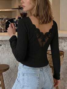 Serisse Lace Spliced Long Sleeve Waffle Fabric T-Shirt Winter Black Casual Spring - Black - View 3
