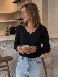 Serisse Lace Spliced Long Sleeve Waffle Fabric T-Shirt Winter Black Casual Spring - Black - View 6
