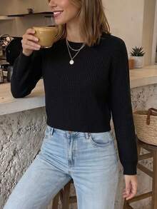 Serisse Lace Spliced Long Sleeve Waffle Fabric T-Shirt Winter Black Casual Spring - Black - View 5