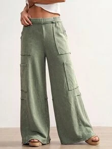 Bohemela Women's Casual Washed Wide Leg Long Pants - Green - View 5