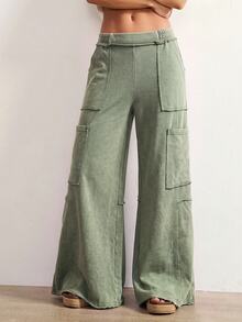 Bohemela Women's Casual Washed Wide Leg Long Pants - Green - View 3