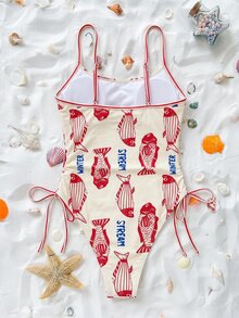 Swim Vcay 女士字母鱼印花连体泳衣，适合海滩度假、泳池派对、沙滩派对 - 彩色 - 查看 4