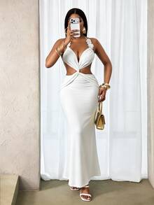 BamGleam Women's Solid Color Cutout Twist Design Sexy Halter Dress - White - View 6