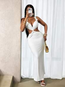 BamGleam Women's Solid Color Cutout Twist Design Sexy Halter Dress - White - View 7