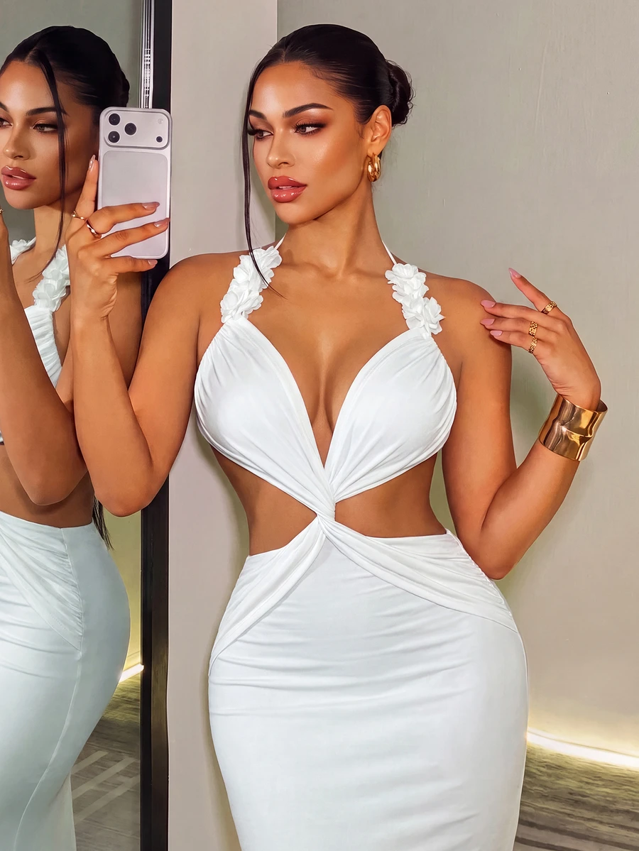 BamGleam Women's Solid Color Cutout Twist Design Sexy Halter Dress - White - View 1