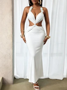 BamGleam Women's Solid Color Cutout Twist Design Sexy Halter Dress - White - View 5