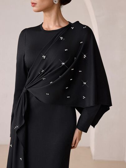 Graceveil Gaun Arab Wanita Hitam Elegan Sopan Kerah Tegak Lengan Panjang Model Cape dengan Stud Samping Pinggang Ikat Twist Slim Fit untuk Pesta Formal Tamu Pembaptisan Musim Dingin