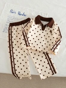 SHEIN 2件組幼兒套裝，復古休閒風，波點馬刺繡，對比色 Polo 長袖上衣，寬腿褲，秋季，7歲生日 - 彩色 - 查看 8