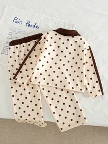 SHEIN 2件組幼兒套裝，復古休閒風，波點馬刺繡，對比色 Polo 長袖上衣，寬腿褲，秋季，7歲生日 - 彩色 - 查看 2