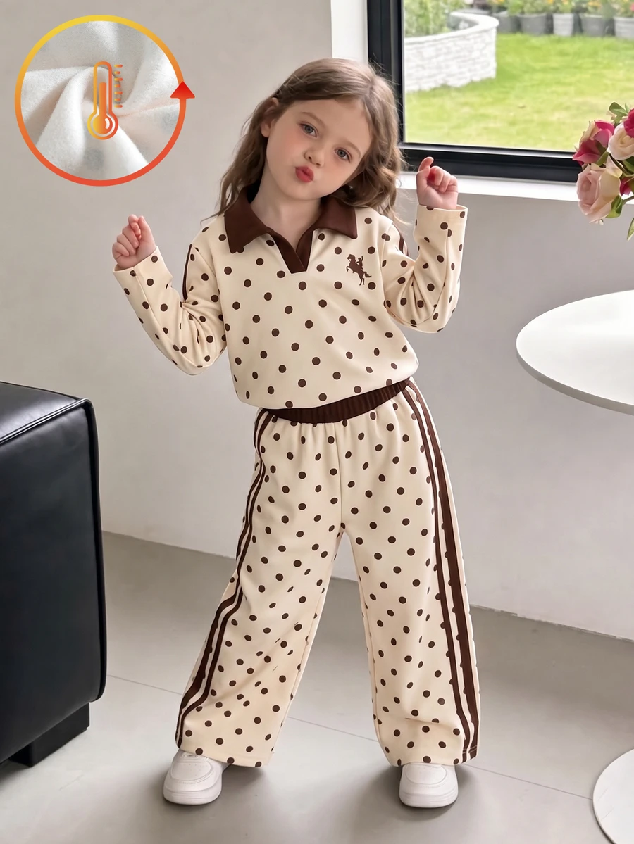 SHEIN 2件組幼兒套裝,復古休閒風,波點馬刺繡,對比色 Polo 長袖上衣,寬腿褲,秋季,7歲生日 - 彩色 - 查看 1