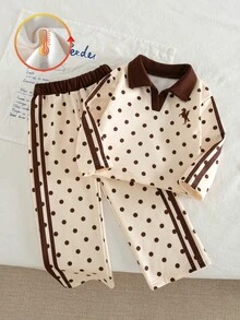 SHEIN 2件組幼兒套裝，復古休閒風，波點馬刺繡，對比色 Polo 長袖上衣，寬腿褲，秋季，7歲生日 - 彩色 - 查看 3
