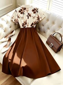 SHEIN Women's Brown Floral Pattern Patchwork Solid Color Cinched Waist A-Line Ruffle Sleeve Shirt Collar Dress - Multicolor - View 2