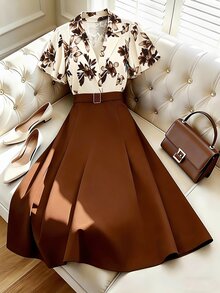 SHEIN Women's Brown Floral Pattern Patchwork Solid Color Cinched Waist A-Line Ruffle Sleeve Shirt Collar Dress - Multicolor - View 10