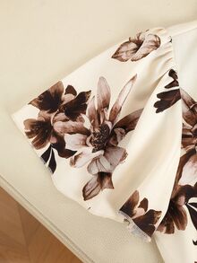 SHEIN Women's Brown Floral Pattern Patchwork Solid Color Cinched Waist A-Line Ruffle Sleeve Shirt Collar Dress - Multicolor - View 7