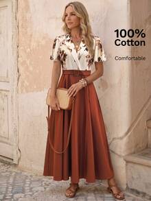 SHEIN Women's Brown Floral Pattern Patchwork Solid Color Cinched Waist A-Line Ruffle Sleeve Shirt Collar Dress - Multicolor - View 1