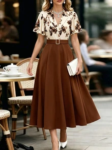 SHEIN Women's Brown Floral Pattern Patchwork Solid Color Cinched Waist A-Line Ruffle Sleeve Shirt Collar Dress - Multicolor - View 9