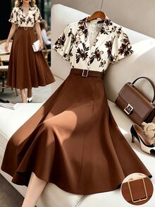 SHEIN Women's Brown Floral Pattern Patchwork Solid Color Cinched Waist A-Line Ruffle Sleeve Shirt Collar Dress - Multicolor - View 3