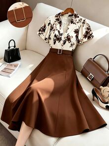 SHEIN Women's Brown Floral Pattern Patchwork Solid Color Cinched Waist A-Line Ruffle Sleeve Shirt Collar Dress - Multicolor - View 8