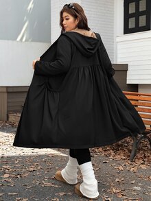 Comfylo Plus Size Fashion Solid Army Green Hooded Pocket Design Mid-Length Jacket For Fall - Black - View 2