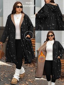 Comfylo Plus Size Fashion Solid Army Green Hooded Pocket Design Mid-Length Jacket For Fall - Black - View 7
