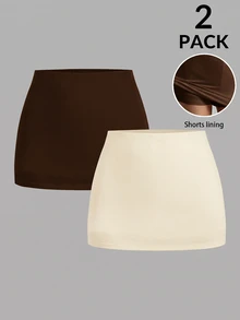 SHEIN EZwear عبوة من 2 قطعة تنورة قصيرة كاجوال متعددة الاستخدامات بلون موحد للنساء - بني - مشاهدة 1