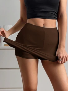 SHEIN EZwear عبوة من 2 قطعة تنورة قصيرة كاجوال متعددة الاستخدامات بلون موحد للنساء - بني - مشاهدة 5