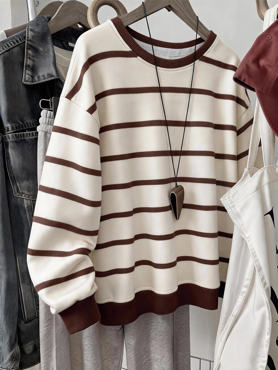 Kids Tween Girls Autumn Apricot Striped Sweatshirt Crew Neck Casual Daily Streetwear Versatile - Multicolor - View 1