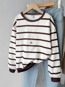 Kids Tween Girls Autumn Apricot Striped Sweatshirt Crew Neck Casual Daily Streetwear Versatile - Multicolor - View 2