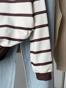 Kids Tween Girls Autumn Apricot Striped Sweatshirt Crew Neck Casual Daily Streetwear Versatile - Multicolor - View 5