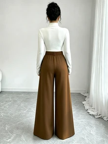 Elenzga 2026新款復古軍綠色女款通勤日常時尚寬腿長褲，春秋高腰垂墜鬆弛顯瘦直筒褲，日假期百搭長褲 - 摩卡棕 - 查看 4