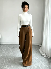 Elenzga 2026新款復古軍綠色女款通勤日常時尚寬腿長褲，春秋高腰垂墜鬆弛顯瘦直筒褲，日假期百搭長褲 - 摩卡棕 - 查看 8