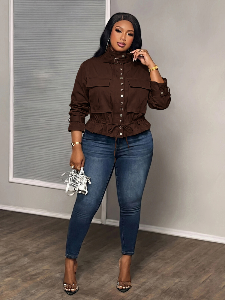 Slaydiva New Early Autumn Style Plus Size Women's Utility Jacket, Featuring Decorative Buttons And Utility Pockets Design, Blending Y2K Casual Streetwear And Post-Apocalyptic Vibes, Suitable For Daily Wear, Casual Outings, Dates, Parties, Music Festivals, Carnivals, Easter, Halloween And Other Occasions, A Bestselling Item, Also Suitable For Daily Casual Wear, - Rust Brown - View 4