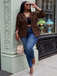 Slaydiva 新款初秋風格大尺碼女款工裝夾克，飾有裝飾鈕扣與工裝口袋設計，融合 Y2K 休閒街頭風與末日廢土氛圍，適合日常穿著、休閒外出、約會、派對、音樂節、嘉年華、復活節、萬聖節等場合，熱銷款式，亦適用於日常休閒穿搭 - 鏽棕色 - 查看 1