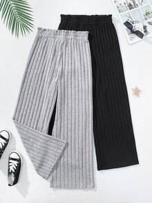 SHEIN ملابس خريفية للفتيات المراهقات، بنطال مستقيم الساق بخصر عالي، قطعتان من القماش الناعم والمريح باللونين الأسود والأخضر الرمادي، خريف، كاجوال، بسيط - رمادي - مشاهدة 4