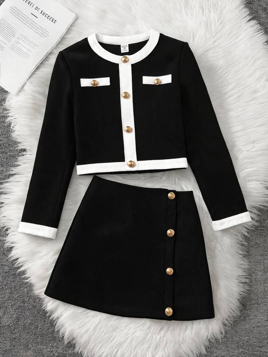 SHEIN Serisse Kids Kids Tween Girl Autumn/Winter Urban Fashion Retro Colorblock Patchwork Long Sleeve Jacket & Skirt Set, Suitable For Back To School And Daily Outings - Black - View 1