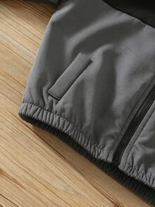 SHEIN 中性嬰兒男孩/女孩幼兒 2件組秋冬加厚抓絨內裡拼色立領夾克與運動衫套裝，嬰兒冬季服飾運動服 - 黑色 - 查看 6