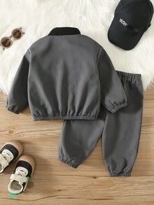 SHEIN 中性嬰兒男孩/女孩幼兒 2件組秋冬加厚抓絨內裡拼色立領夾克與運動衫套裝，嬰兒冬季服飾運動服 - 黑色 - 查看 2