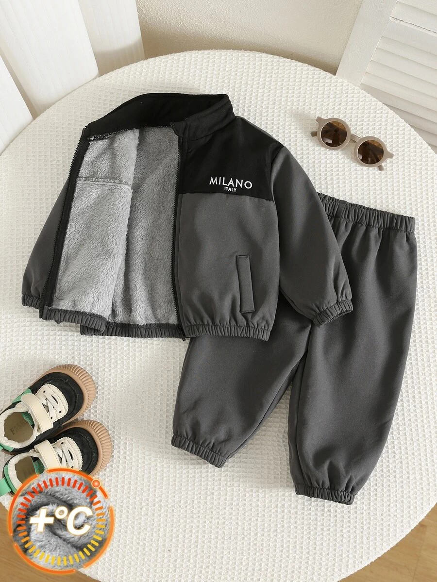 SHEIN 中性嬰兒男孩/女孩幼童 2件組秋冬保暖內裡加厚撞色立領夾克與運動衫套裝,嬰兒冬季服飾運動套裝 - 黑色 - 查看 1