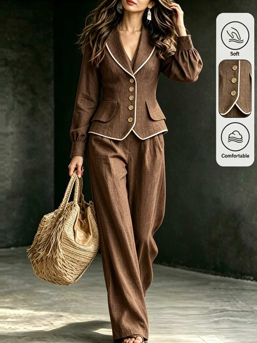 LUMIGAL Women's New Autumn Casual Commute Trim Strip Waist-Cinching Button-Up Blazer Suit Set - Coffee Brown - View 1