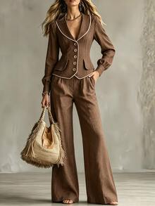 LUMIGAL Women's New Autumn Casual Commute Trim Strip Waist-Cinching Button-Up Blazer Suit Set - Coffee Brown - View 5