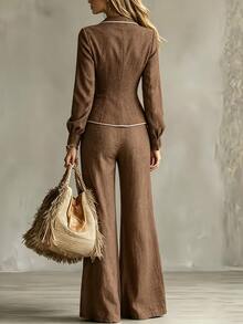 LUMIGAL Women's New Autumn Casual Commute Trim Strip Waist-Cinching Button-Up Blazer Suit Set - Coffee Brown - View 2