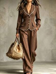 LUMIGAL Women's New Autumn Casual Commute Trim Strip Waist-Cinching Button-Up Blazer Suit Set - Coffee Brown - View 4