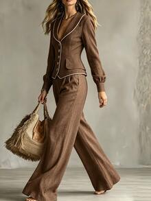 LUMIGAL Women's New Autumn Casual Commute Trim Strip Waist-Cinching Button-Up Blazer Suit Set - Coffee Brown - View 6